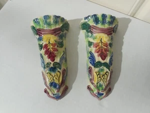 Vintage Pair Of Floral Wall Pockets Vase Japan - Picture 1 of 2
