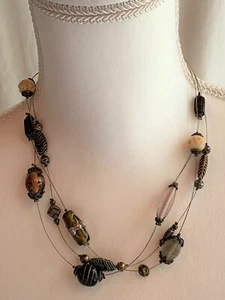 Chico's 3 Strand Silver Toned Wire W/Brown Gray & Amber Beads Fashion Necklace - Picture 1 of 3