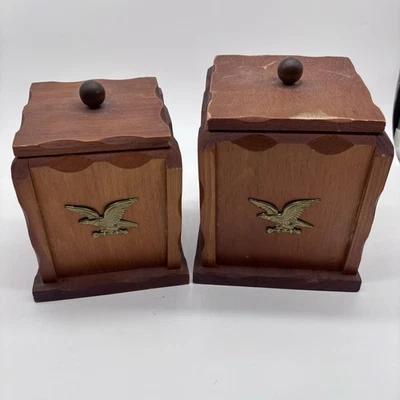 Винтажный середины века 1950-х деревянный 2шт канистра набор American Eagle кухни хранения - Изображение 1 из 4