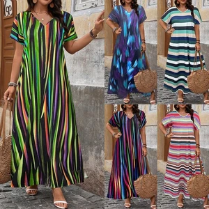 Plus Size Womens V Neck Baggy Maxi Dress Summer Striped Kaftan T-Shirt Dress 28 - Picture 1 of 27