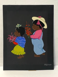De colección Gouache Luis Betanzos Artista Mexicano Niños Flores Papel Negro México - Imagen 1 de 19
