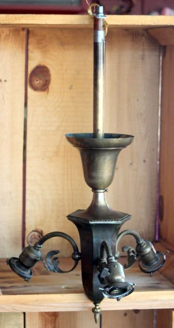 Antique Edwardian Era Hanging Brass 3 Bulb Chandelier Architectural Salvage Not Cover