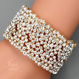 Women Gold Plated Crystal Rhinestone Fashion Bangle Cuff Stretch Bracelet 07766 - Picture 1 of 5