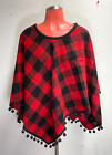 Vintage red & Black plaid wool sarape poncho shawl pom-pom fringe 44"
