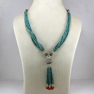 NECKLACE EARRINGS NATURAL TURQUOISE BEADED ANTIQUE JEWELRY 925 STERLING SILVER - Picture 1 of 6