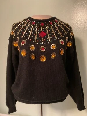 Suéter negro vintage años 80 90 para mujer talla S con cuentas deslumbrado Gaudy Abuela Foto 1 de 4