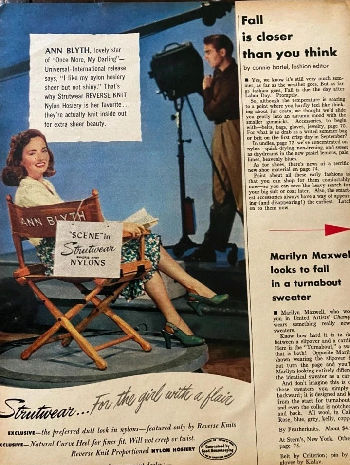 Ann Blyth, medias de nylon Strutwear, anuncio impreso vintage, letrero de revista, recorte  Foto 1 de 1