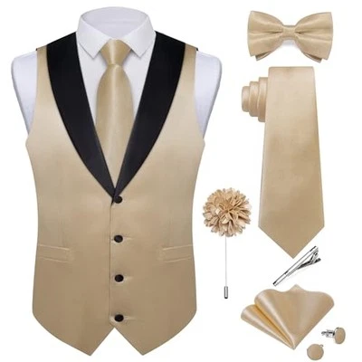  Mens Shiny Satin Vest Tie Set 8PCS Solid Waistcoat and Pre 3X-Large Champagne - Image 1 of 4