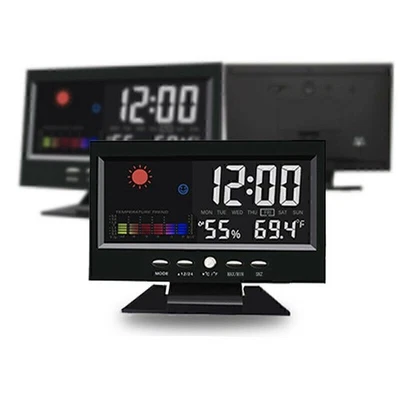 Indoor Outdoor Temperature Humidity Meter Sound Control Clock Weather Station - Image 1 of 4