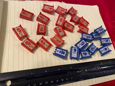 VINTAGE STRATEGO Board Game Pieces 26 TOTAL - 16 RED & 10 BLUE - PLASTIC PIECES - Image 1 of 4