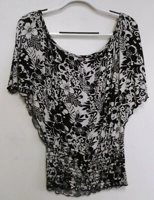 Womens Full Tilt, Size L, Black And White Floral Print Top, Flutter Sleeve - Image 1 of 4