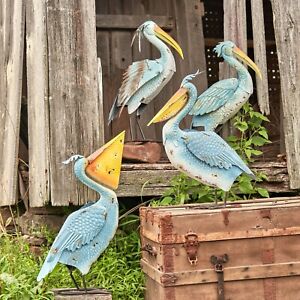 Set of 4 Metal Blue Pelicans