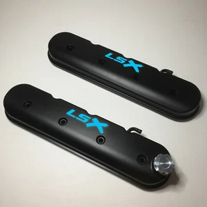 Tall LS Valve Covers With LSX Logo Black W/Light Blue LSX 241-407 - Picture 1 of 3