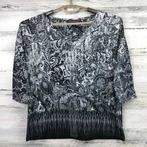 Camisa Blusa Gloria Vanderbilt Mujer Floral Gris Informal Estrás Talla Pequeña - Imagen 1 de 8