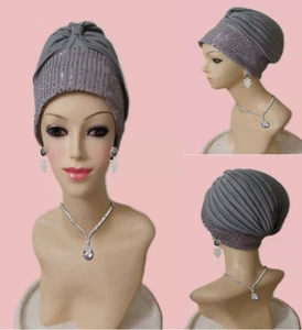 Pretty Turban .Cancer Hat Hair Loss Sequence sewn Bad on top . Silver/Gray - Bild 1 von 8
