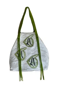 Italy White Cotton Canvas Green Suede Leather Angel Fish Hobo Beach Handbag NEW - Picture 1 of 4