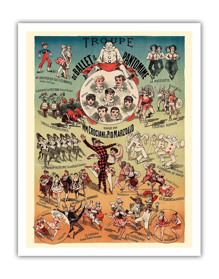 Troupe de ballet y pantomima de Crociani & Marzollo - Póster de circo vintage 1881 Foto 1 de 1