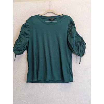 Nicole Miller Green Ribbed Ruched Sleeve Top Women's Size XL - Image 1 of 4