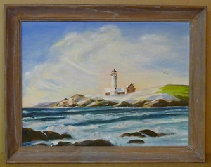 Arte enmarcado pintura al óleo paisaje original antiguo Light House Ocean Waves 18x24 - Imagen 1 de 8
