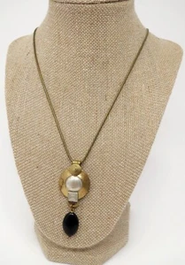 Vtg Marjorie Baer SF Round Hammered Black Onyx Modernist Pendant 25" Necklace - Picture 1 of 7