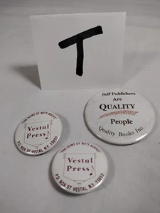 3 Vintage Pin-Back Buttons Vestal NY, Vestal Press, Quality Books Inc (Lot T) - Picture 1 of 9