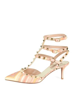 Valentino Garavani NIB Rockstud Native Stripe Ankle Strap Kitten Heels Pumps 39 - Picture 1 of 7