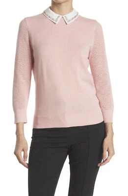 TED BAKER Thara pink beaded embellished collar knit sweater jumper top work 3 12 - Image 1 of 4
