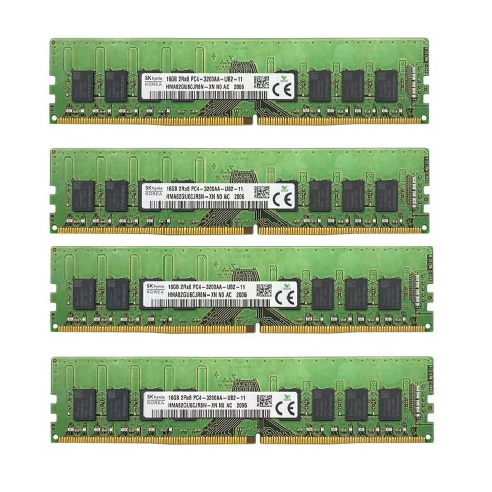 Hynix 64GB 4X16GB DDR4 3200MHz PC4-25600 2RX8 UDIMM Memory Ram HMA82GU6CJR8N-XN - Image 1 of 4