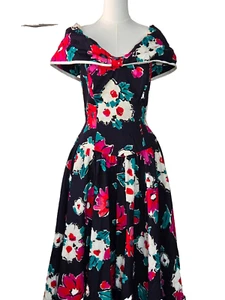 Lillie Rubin Vintage Flare Dress Small Off Shoulder Floral Design Summer - Picture 1 of 5