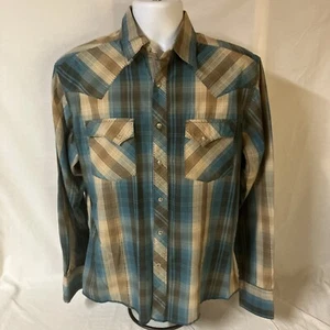 Wrangler Mens Cowboy Western Blue Brown Plaid Snap Shirt Medium Free Shipping! - Picture 1 of 7