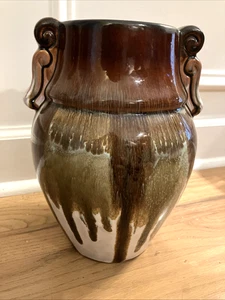 Browns & White Drip Glaze Pottery Vase 10” - Picture 1 of 9