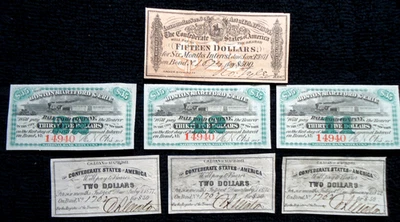 7- Confederate States Civil War Bond Coupons 1- $15, 3-$35, 3- $2 Varieties - Image 1 of 2