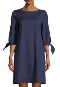 Lafayette 148 Navy Blue Italian Cotton Poplin Tie Sleeve Kenna Sheath Dress M 10 - Picture 1 of 8