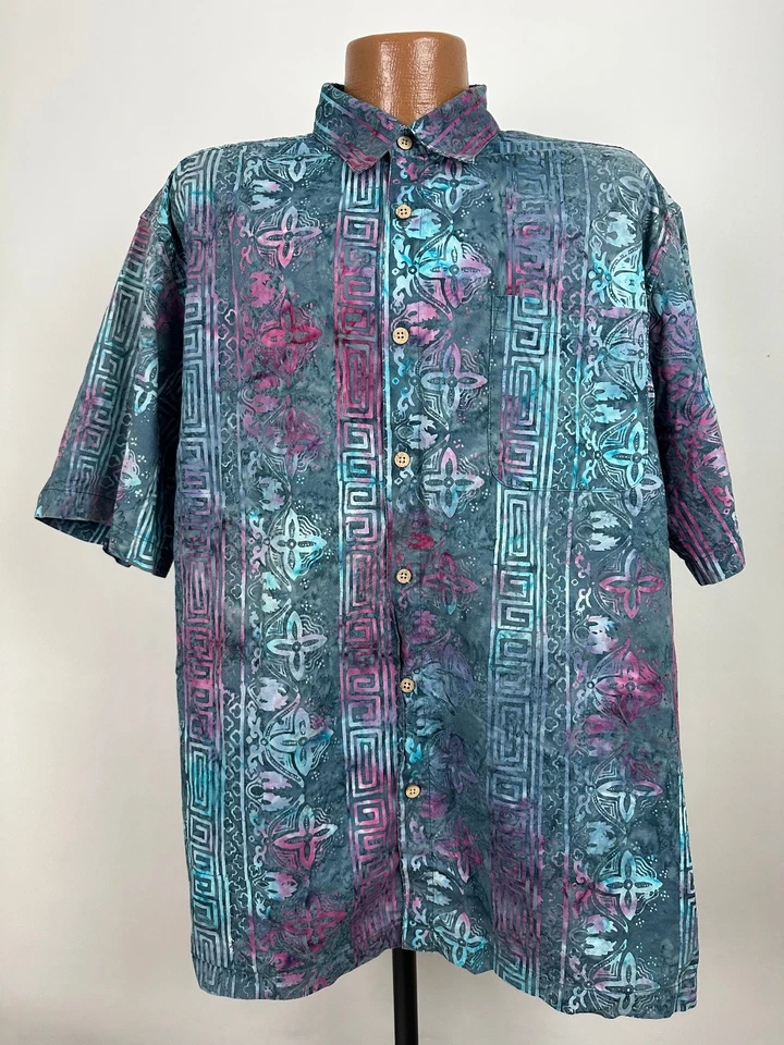 Camisa Island Republic Hombres XL Batik Hawaiana Tribal Geométrica Tie-Dye Verde azulado Algodón Foto 1 de 4