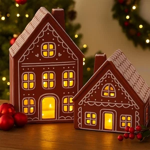 2 Juegos de Cerámica Iluminada Pan de Jengibre Helado Casas Decoraciones de Navidad Interior P... - Imagen 1 de 6