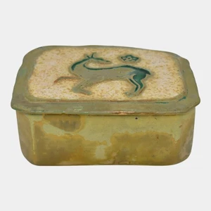 Pewabic Detroit 1940s Iridescent Gold Cigarette Box With Playful Deer Lid - Picture 1 of 6