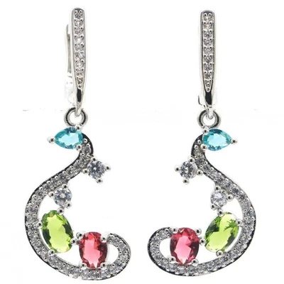 Colorful Garnet Green Peridot Aquamarine CZ Daily Wear Silver Earrings - Image 1 of 3