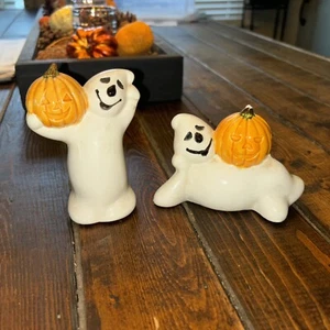 Vintage Ceramic Halloween Ghosts Jack-o-lanterns Figurines Hobbyist Set Of 2 - Picture 1 of 3