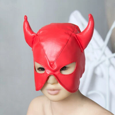 Cute Ox Horn PU Leather Hood Blindfold Head Slave Restraints Harness Mask Red - Image 1 of 4