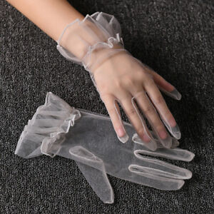 Solid Color Elastic Lotus Leaf Sheer Mittens Lace Full Finger Gloves Elegant#