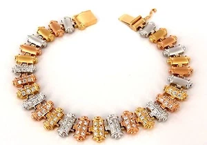 1.50CT DIAMONDS BAR LINKED TRI-COLOR 18KT GOLD BRACELET SATIN BRUSH FINISH+ - Picture 1 of 9