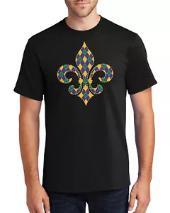 Checkered Mardi Gras Fleur De Lis Symbol Men's T-Shirt - Picture 1 of 10