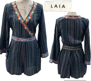 Anthropologie LAIA Embroidered Shortall Multicolor Striped L/S Womens Small Boho - Picture 1 of 14