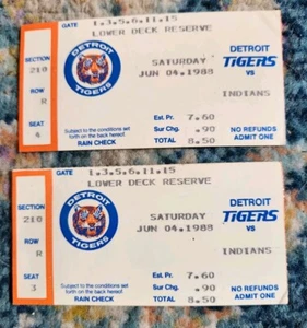 Two Detroit ๐
Tigers vs Indians June 4, 1988 Ticket Stub ๐ Reserve Lower Deck - Picture 1 of 6