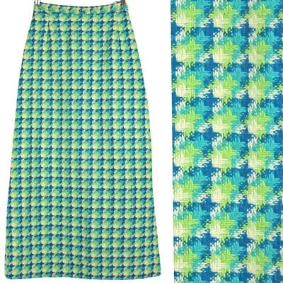 70s 80s Vintage Maxi Hostess Long Skirt Mod Green Blue Houndstooth Wool Tweed 6 - Image 1 of 4