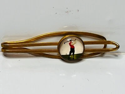 Vintage Reverse Painted Golf Golfer Tie Clip Speidel USA Gold Tone - Image 1 of 4