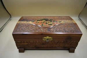 Vintage Carved Cedar Chest Wood Jewelry Trinket Box Horse & Buggy Scene - Picture 1 of 13
