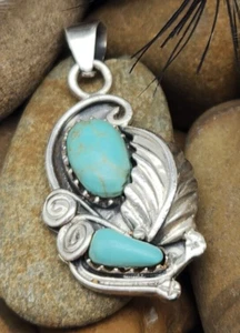 Navajo Style Turquoise & Silver Pendant 925 Sterling Silver Vintage 1990s - Picture 1 of 11