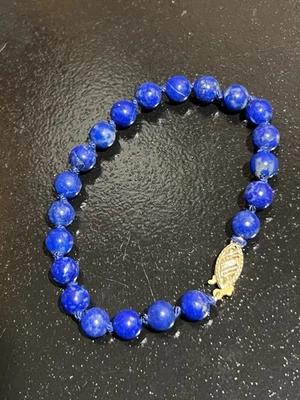 6-5/8” Hand Knotted Natural Lapis Lazuli Bracelet W/14k Gold Clasp - Image 1 of 4