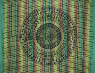 Colcha de algodón tapiz mandala estampado en bloques 106" x 88" espuma de mar completa Foto 1 de 2